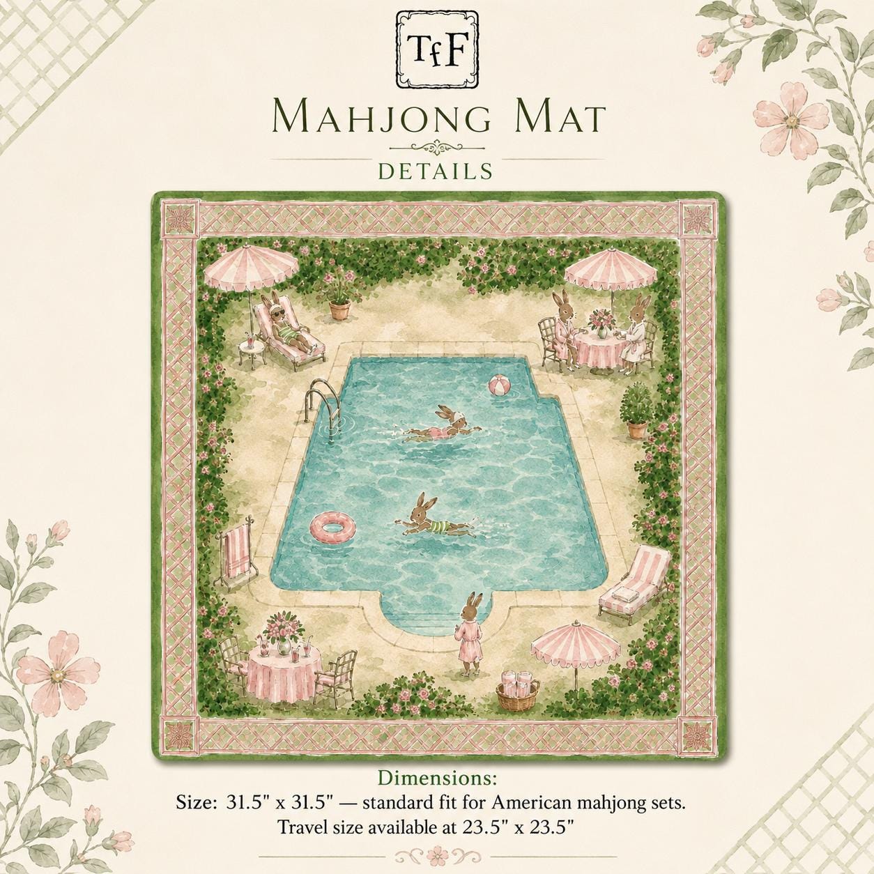 THE POOL CLUB Preppy Bunny Mahjong Mat — Whimsical Game Night Table Mat, American Mahjong Gift, Mahjong Accessories, Green Pink Soccer Mat