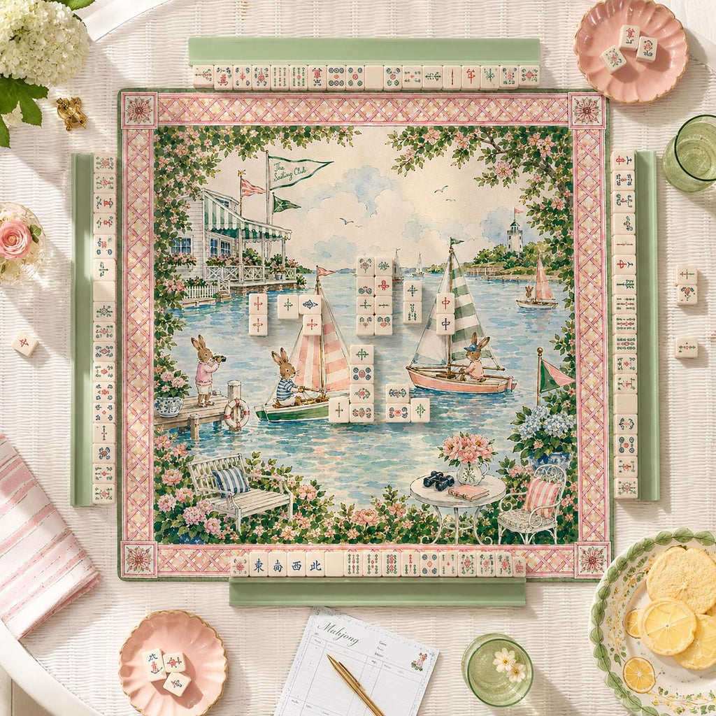 THE SAILING CLUB Preppy Mahjong Mat — Whimsical Game Night Table Mat, American Mahjong Gift, Mahjong Accessories, Coastal Pink Green Mat