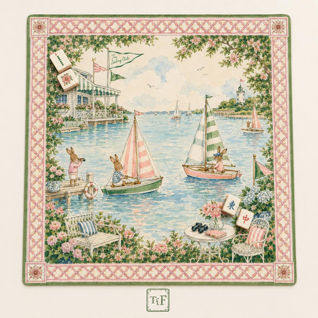 THE SOCCER CLUB Preppy Bunny Mahjong Mat — Whimsical Game Night Table Mat, American Mahjong Gift, Mahjong Accessories, Green Pink Soccer Mat