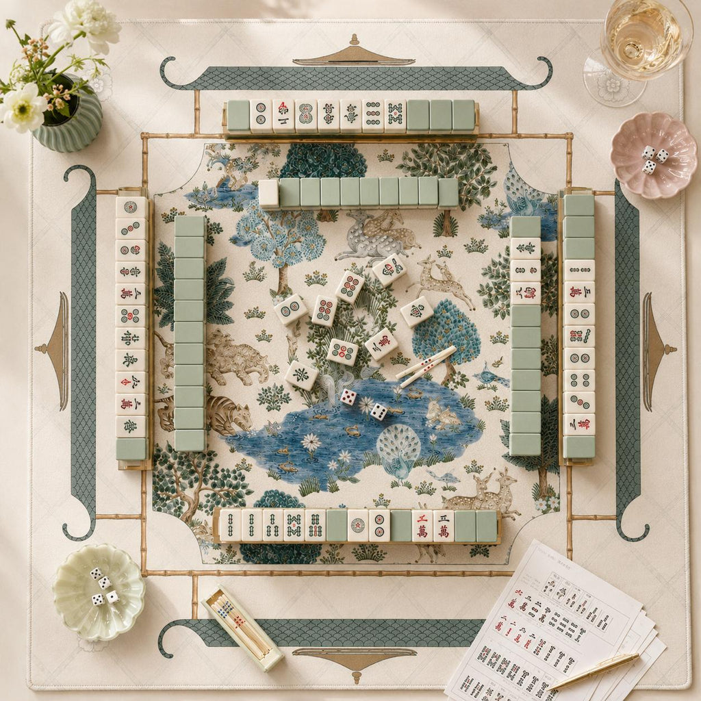 THE JADE GARDEN Chinoiserie Mahjong Mat — Preppy Floral Game Table Mat, American Mahjong Gift, Mahjong Accessories, Ivory Teal Blue Mat
