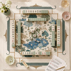 THE JADE GARDEN Chinoiserie Mahjong Mat — Preppy Floral Game Table Mat, American Mahjong Gift, Mahjong Accessories, Ivory Teal Blue Mat