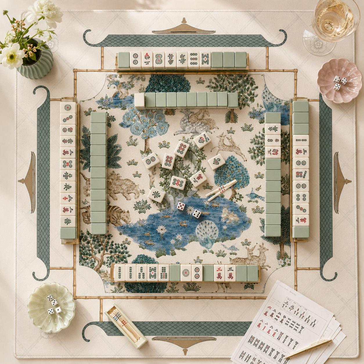 THE JADE GARDEN Chinoiserie Mahjong Mat — Preppy Floral Game Table Mat, American Mahjong Gift, Mahjong Accessories, Ivory Teal Blue Mat