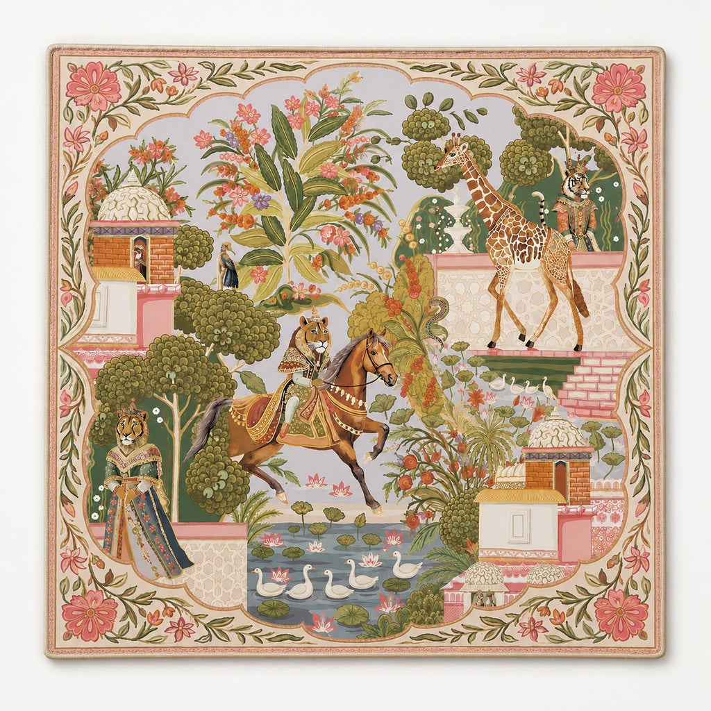 THE ROYAL COURT Mughal Art Mahjong Mat — Chinoiserie Floral GameTable Mat, American Mahjong Gift, Mahjong Accessories, Pink Gold Animal Mat