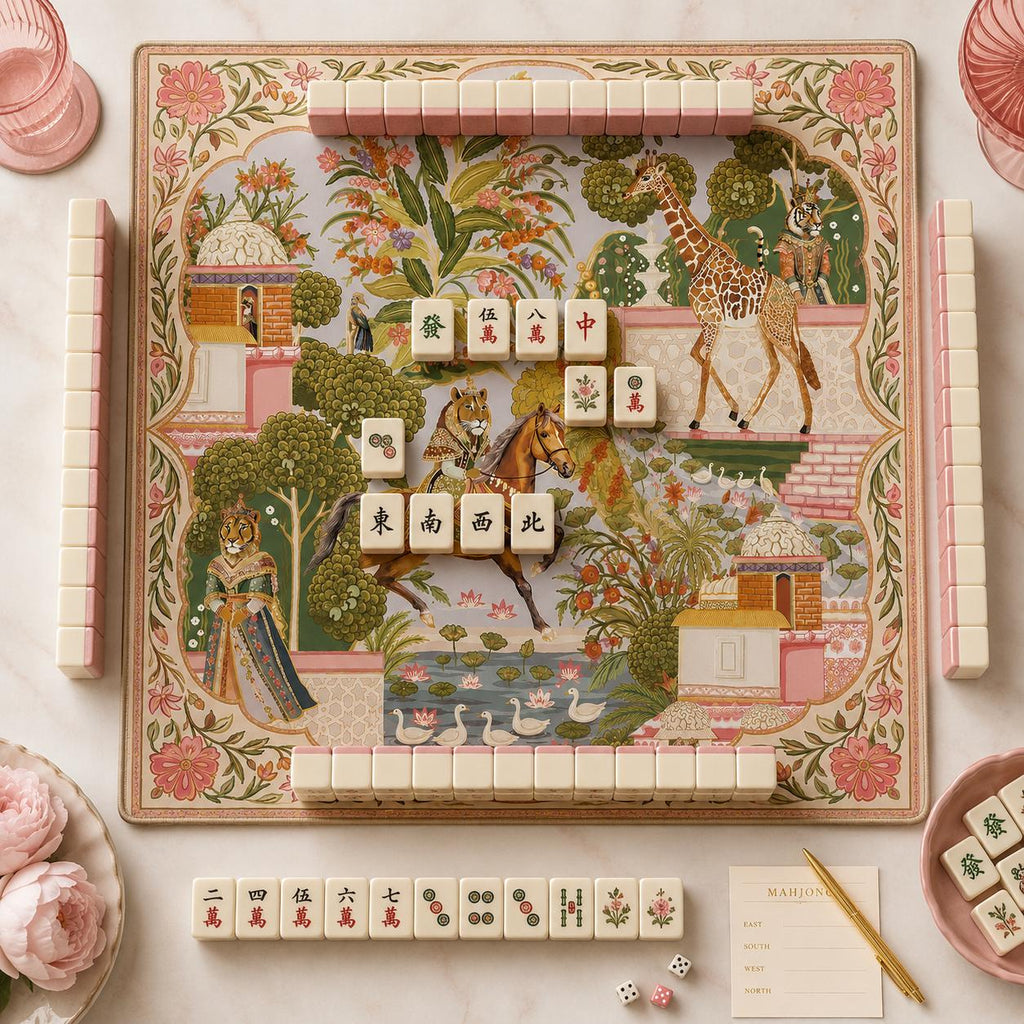 THE ROYAL COURT Mughal Art Mahjong Mat — Chinoiserie Floral GameTable Mat, American Mahjong Gift, Mahjong Accessories, Pink Gold Animal Mat