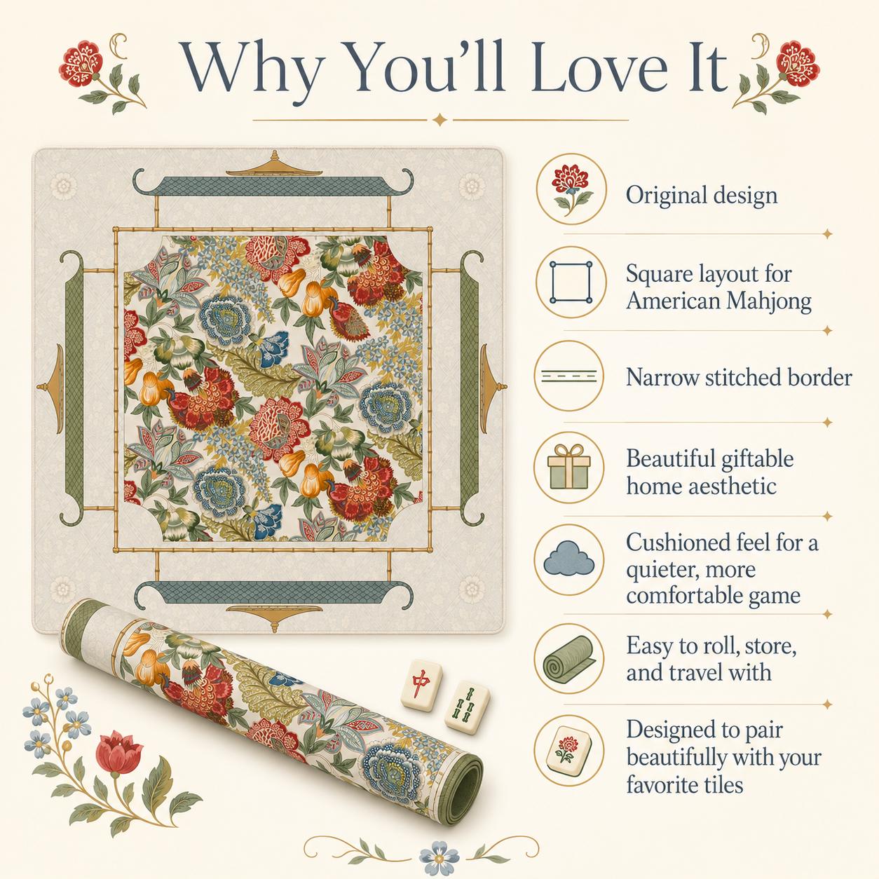 THE JACOBEAN GARDEN Chinoiserie Mahjong Mat — Floral Game Table Mat, American Mahjong Gift, Mahjong Accessories, Botanical Maximalist Mat