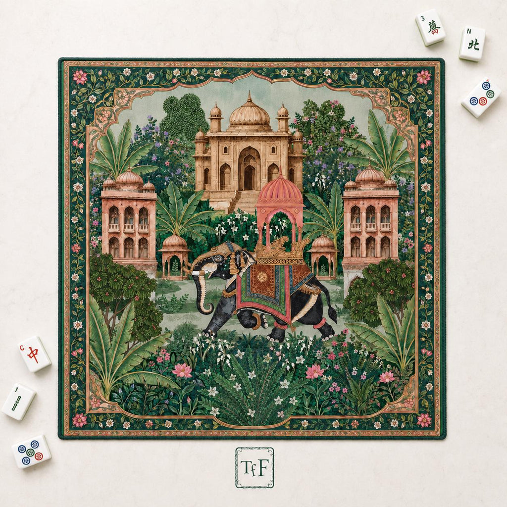 THE ELEPHANT PALACE Mughal Art Mahjong Mat — Chinoiserie Palace Table Mat, American Mahjong Gift, Mahjong Accessories, Green Gold Floral Mat