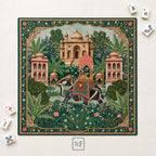 THE ELEPHANT PALACE Mughal Art Mahjong Mat — Chinoiserie Palace Table Mat, American Mahjong Gift, Mahjong Accessories, Green Gold Floral Mat