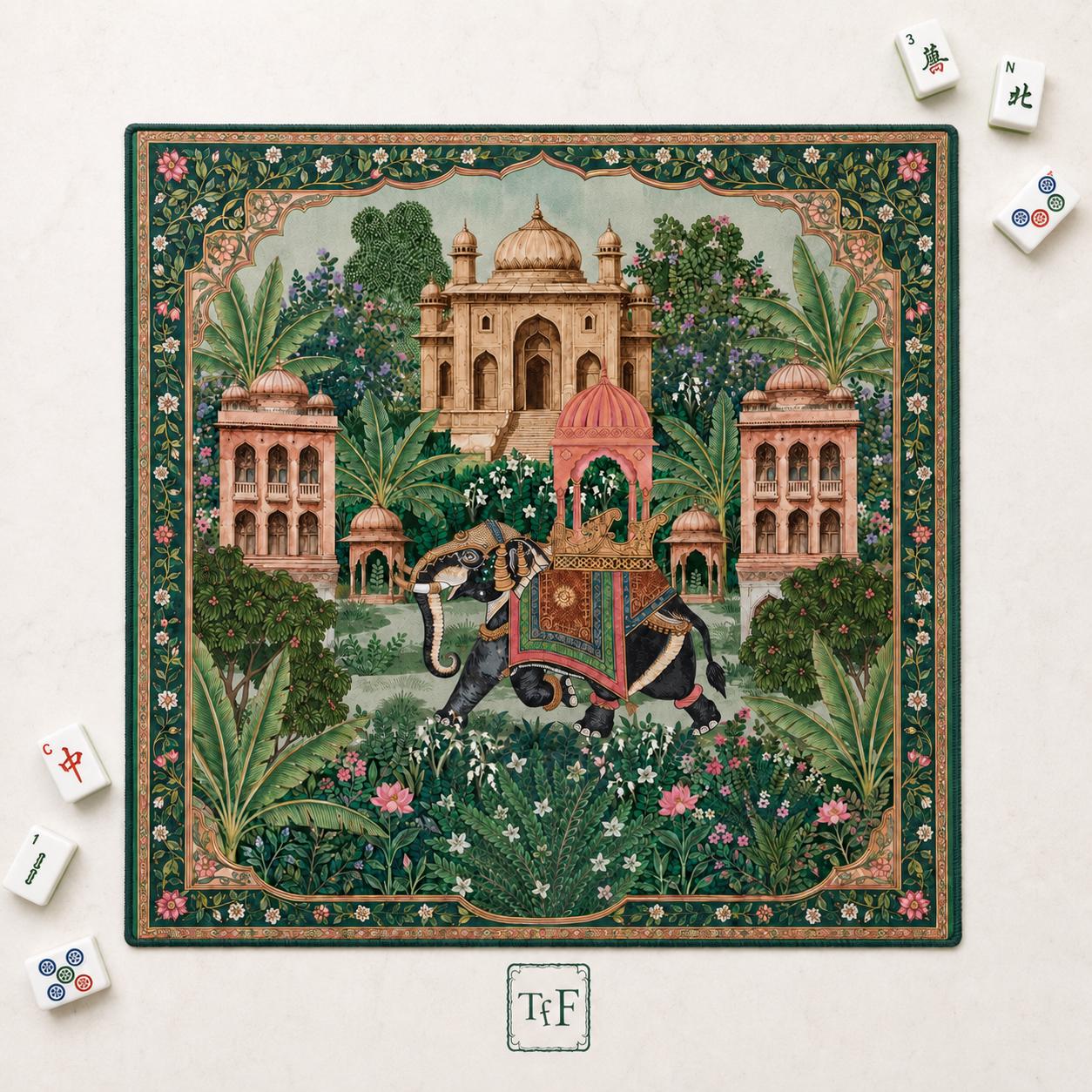 THE ELEPHANT PALACE Mughal Art Mahjong Mat — Chinoiserie Palace Table Mat, American Mahjong Gift, Mahjong Accessories, Green Gold Floral Mat