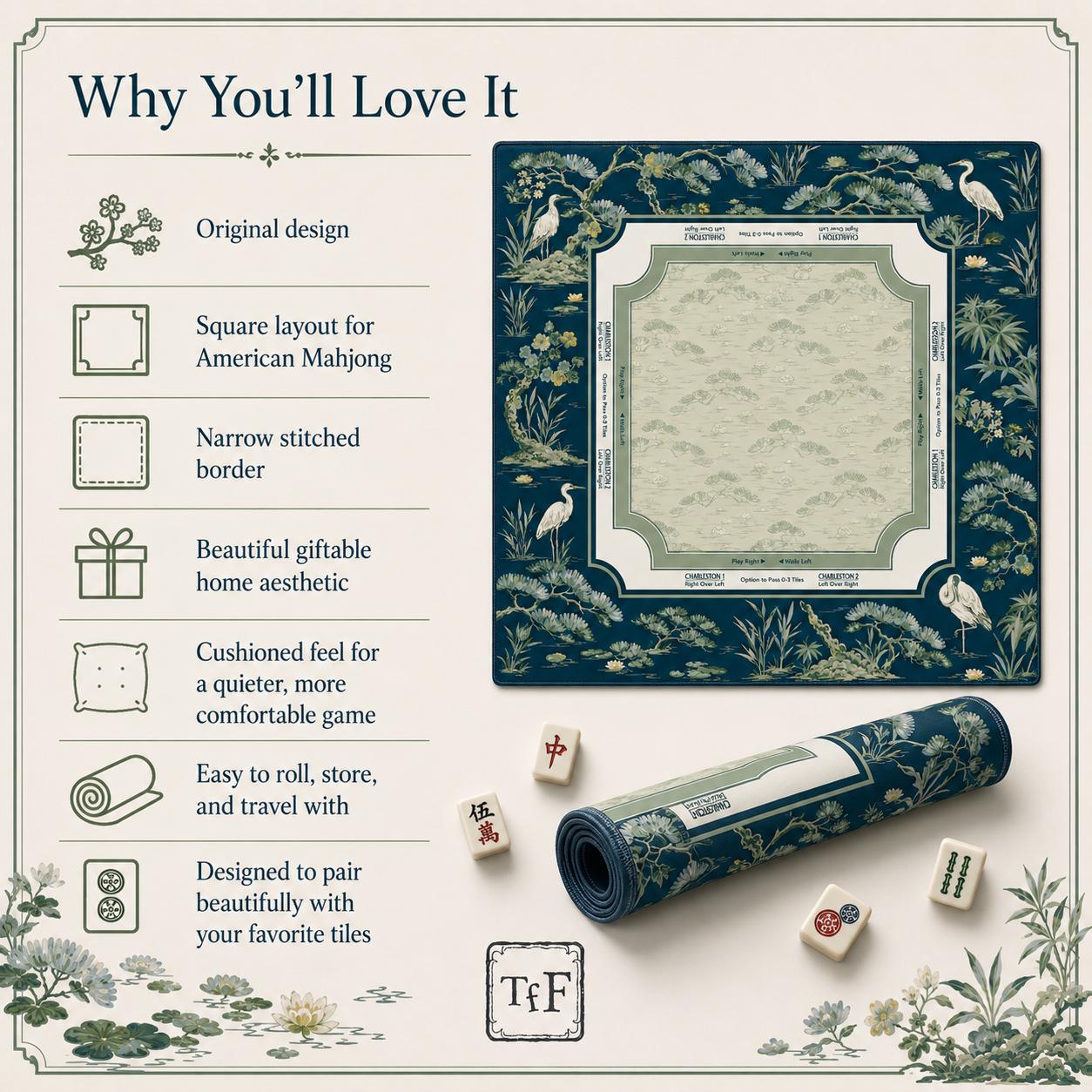 THE HERON GARDEN Navy Blue Mahjong Mat — Chinoiserie Game Mat, American Mahjong Accessories, Mahjong Gift, Blue Mahjong Table Mat