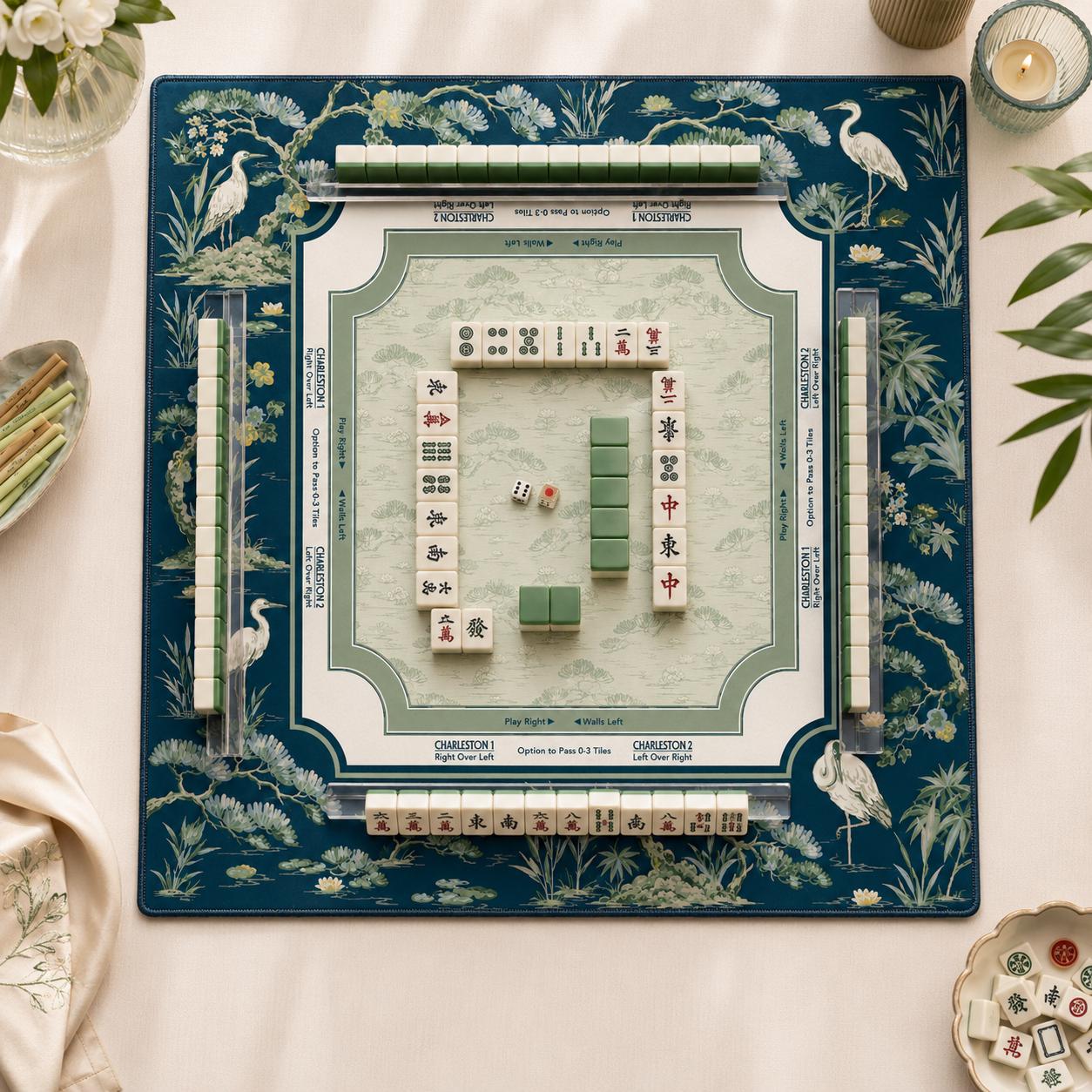 THE HERON GARDEN Navy Blue Mahjong Mat — Chinoiserie Game Mat, American Mahjong Accessories, Mahjong Gift, Blue Mahjong Table Mat