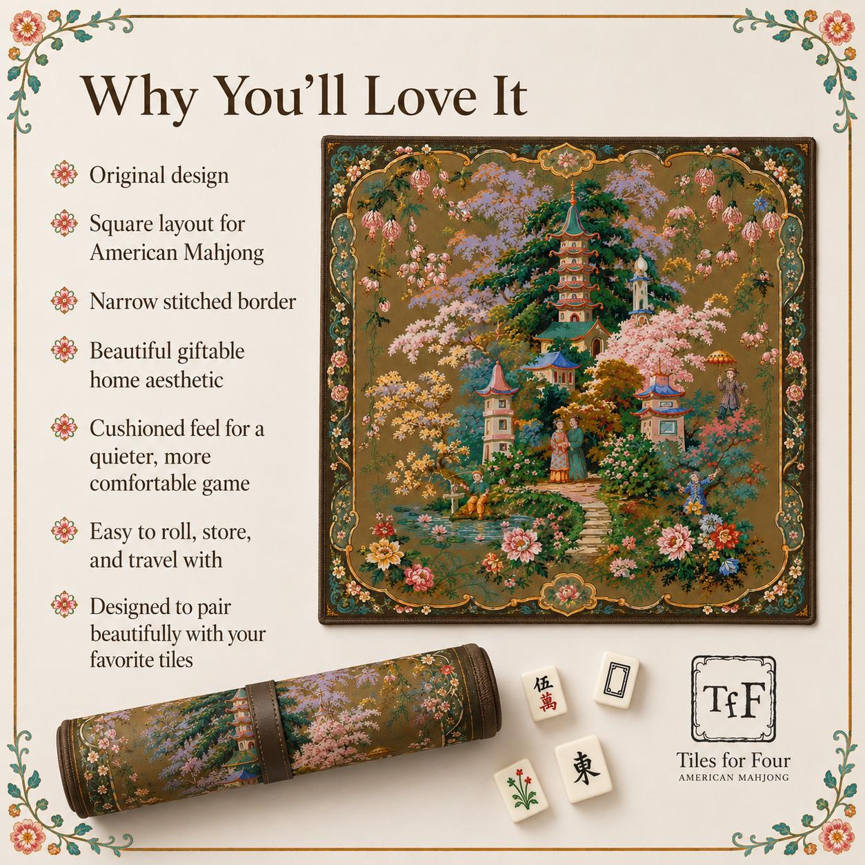 THE PAGODA GARDEN Chinoiserie Mahjong Mat — French Rococo Table Mat, American Mahjong Gift, Mahjong Accessories, Gold Antique Floral Mat